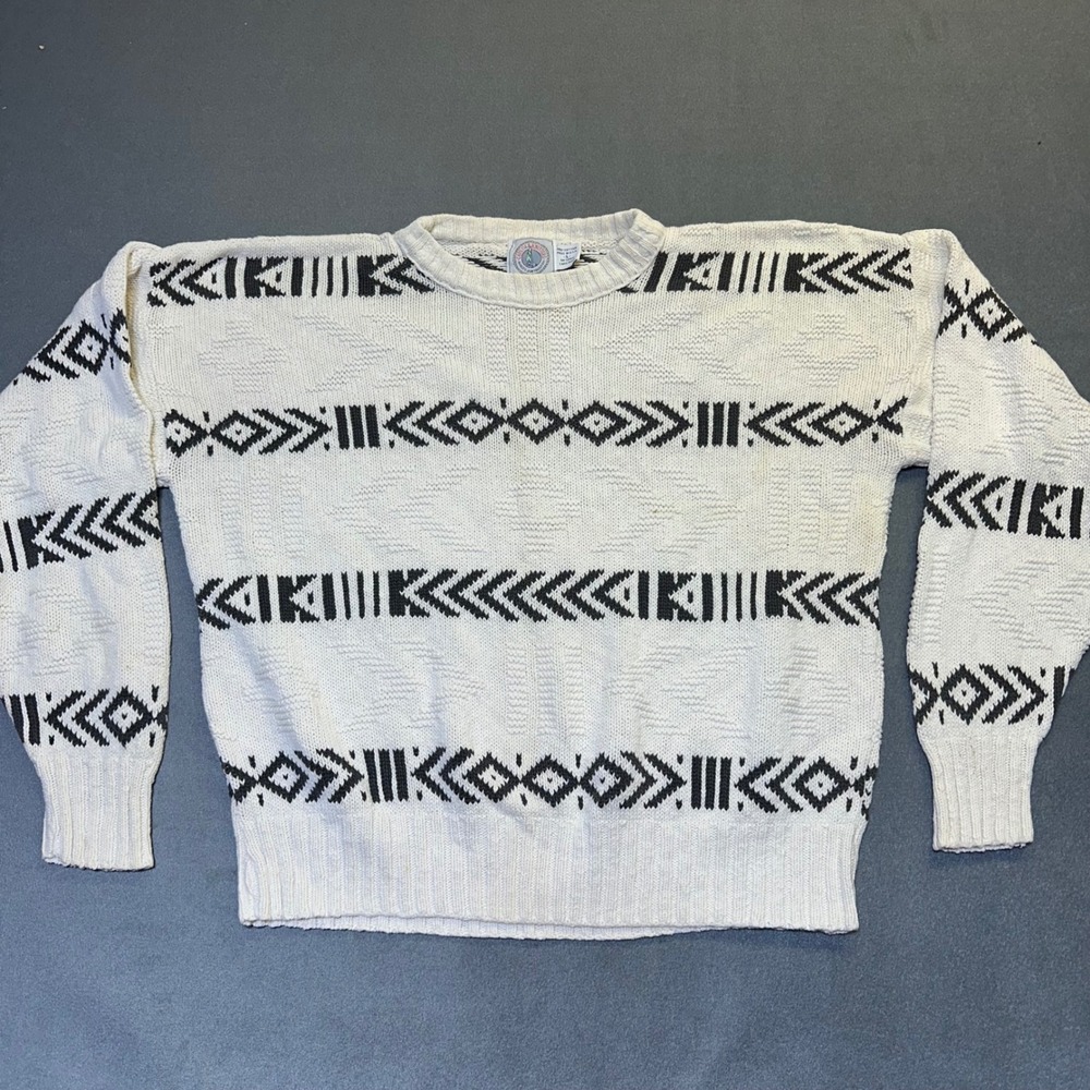 Cape Isle Knitters Sweater Mens L Cream Cotton Vintage USA Southwestern Tribal